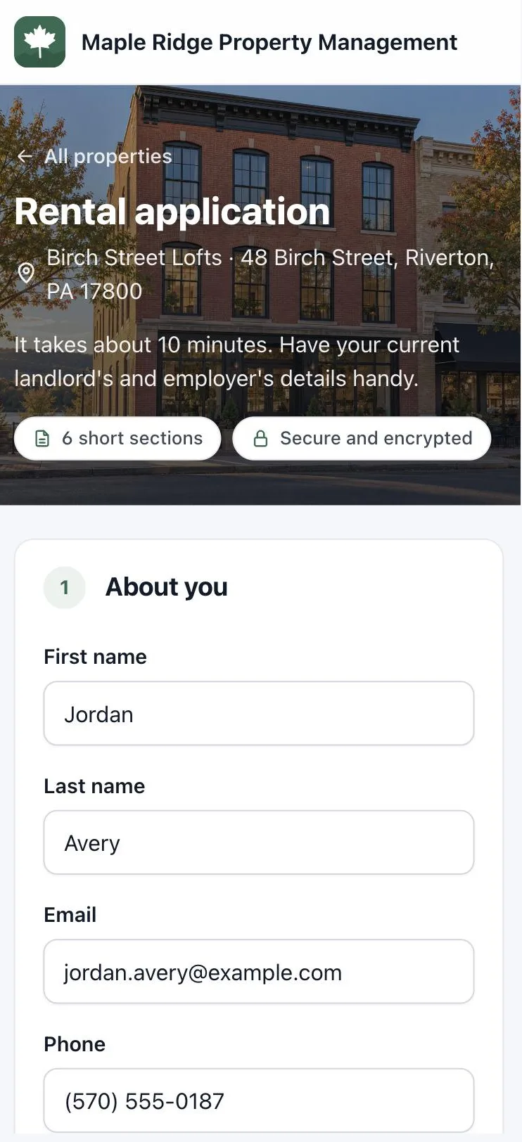 The rental application on a phone, with the property's photo at the top