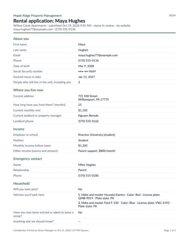 The first page of an application's PDF, with the applicant's answers laid out for printing