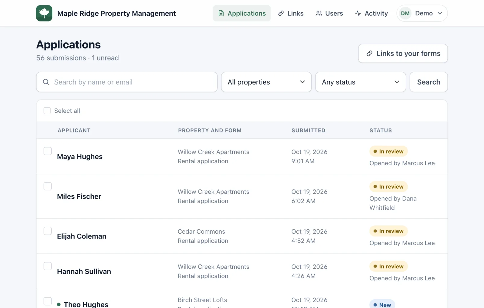 The staff's list of applications, with each one's property, form, date and status